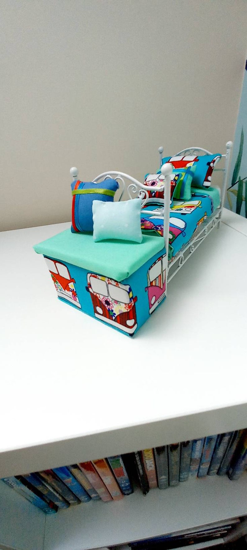 Blanket box CV material with padded fixed seat and two decorative cushions handmade 1:12 scale modern furniture