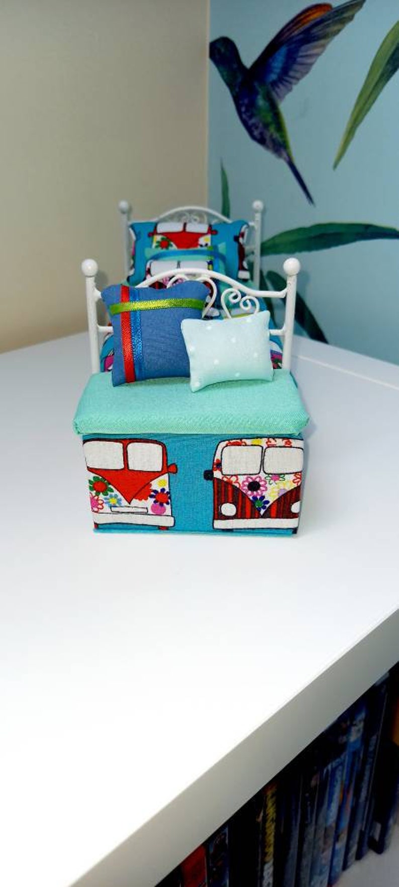 Blanket box CV material with padded fixed seat and two decorative cushions handmade 1:12 scale modern furniture