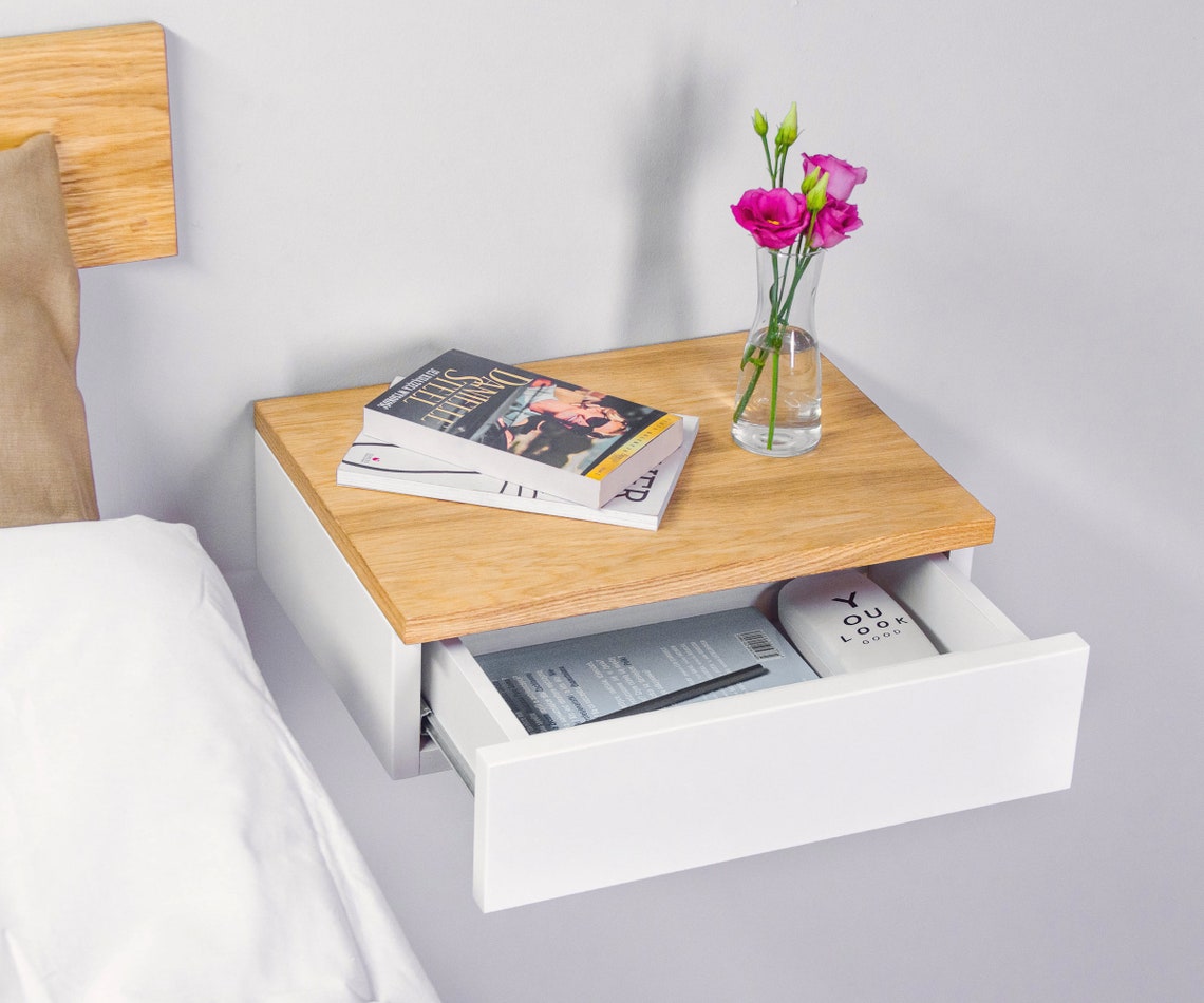 White Bedside Table With Oak Top Floating Nightstand Etsy