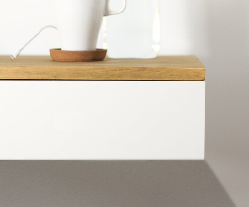 White Bedside Table With Oak Top Floating Nightstand Etsy