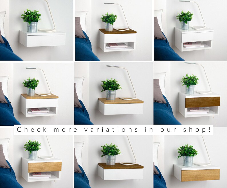 White Bedside Table With Oak Top Floating Nightstand Etsy