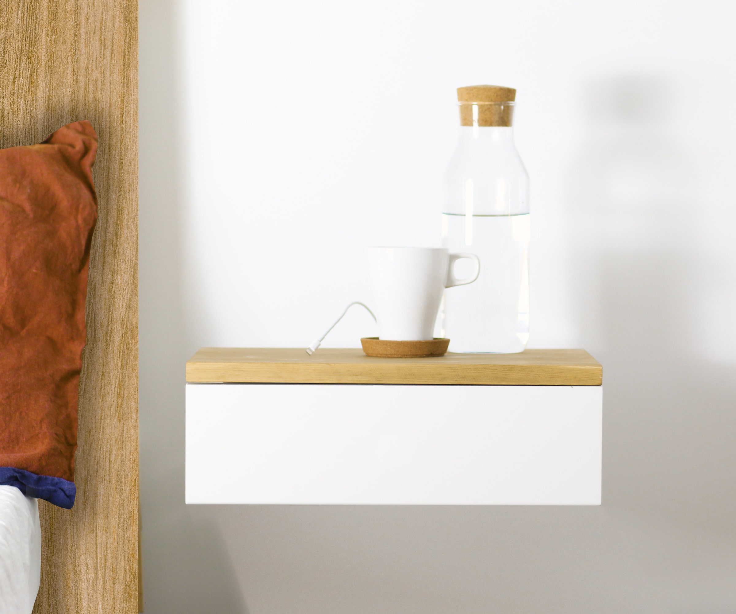 White Bedside Table With Oak Top Floating Nightstand Etsy