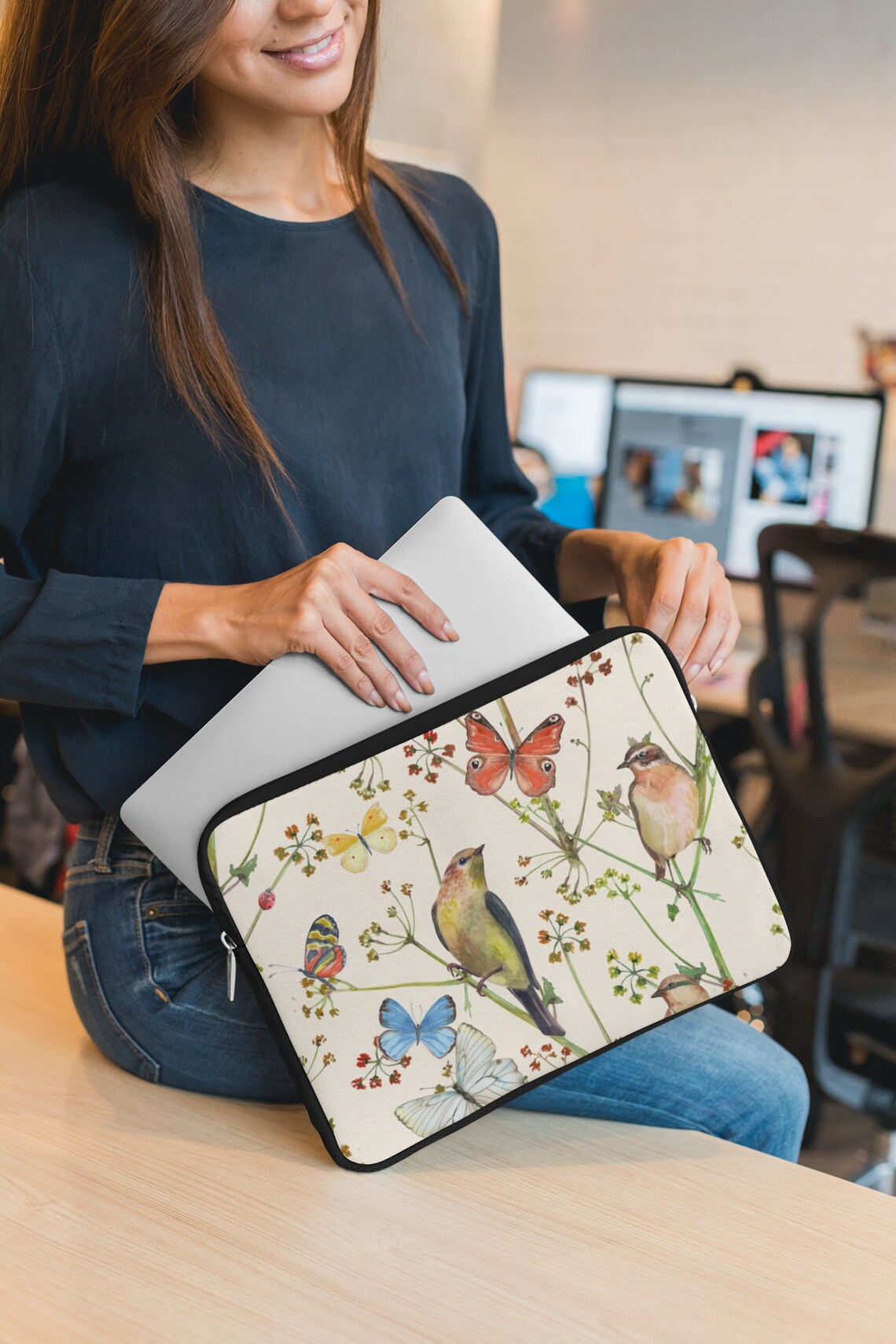 Housse Pour Ordinateur Portable Avec Imprimé Fleurs Bleues Rétro