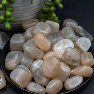 May include: A close-up of a pile of white and peach moonstone tumbled stones. The stones are smooth and polished, and they have a pearly sheen.