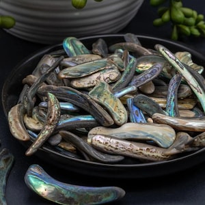 May include: A black bowl filled with iridescent abalone shell pieces. The shells display a range of colors, including blues, greens, and browns. Some pieces are scattered around the bowl. The image is well-lit, highlighting the shells' textures.