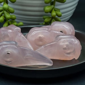 Rose Quartz Carving - Raven Skull