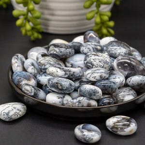 May include: A bowl filled with smooth, oval-shaped, black and white dendritic agate tumbled stones. The stones are arranged in a random pattern and have a natural, polished finish.