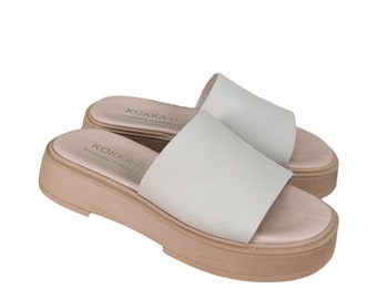 Leather women slippers, handmade slides platform