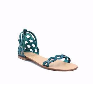 Leather slides handmade sandal, toe strap green flat sandal, women sandal