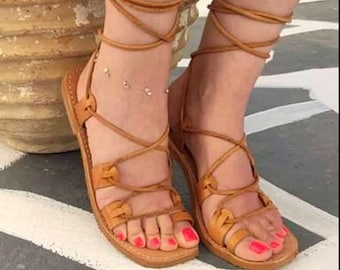 Lace up leather toe ring sandal, Gladiator women strappy sandal