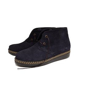 Suede blue leather lace up ankle boots, women flat boots