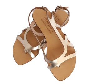 Sandalias planas con tira trasera, sandalias de cuero para mujer