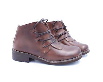 Handmade minimalist flat leather boots, brown ankle boots