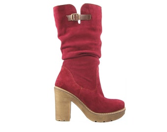 Suede leather high heel boots, Beige, Blue, Red