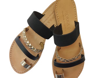 Toe ring leather slippers, slides women sandals