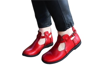 Leather women ankle boots, red handmade flat shoes