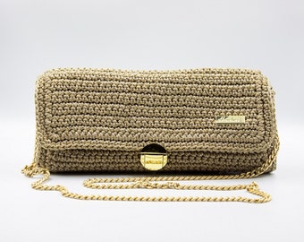 Knitted bag, handmade crochet clutch shoulder bag, women boho gold bag, yarn bag