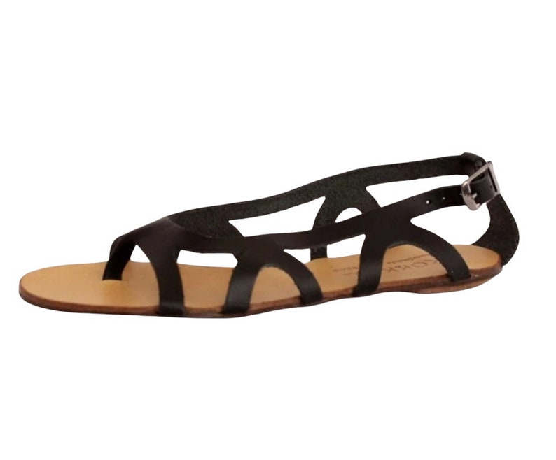 Slides leather sandal with metal buckle, handmade slingback flat sandal Black