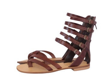 Handmade slides leather sandals, gladiator thong sandal, knee high strappy sandal