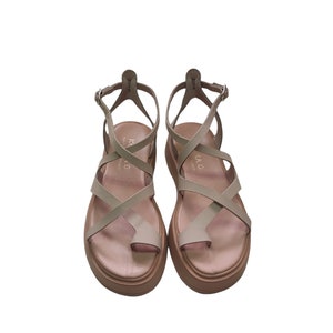 Strappy leather women sandals, toe strap sandals, slides buckle strap platform.