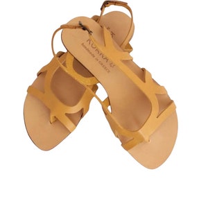 Yellow leather slides sandal, flat thong women sandal, slingback sandal, rubber heel