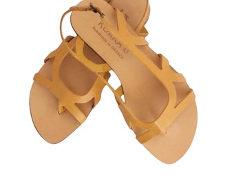 Slides leather sandal with metal buckle, handmade slingback flat sandal