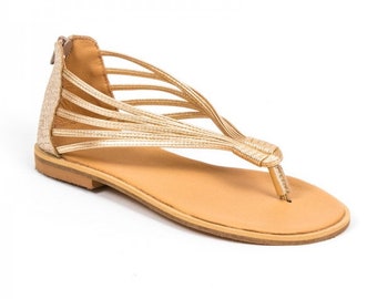 Handmade gold slingback leather strappy sandal, thong sandal