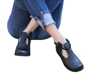 Leather women ankle boots, black handmade flat shoes