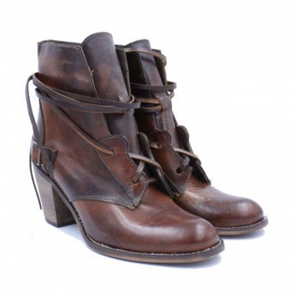 Cowboy Frauen Stiefeletten | High Heel Leder Kniehohe Stiefel | Western Schnürstiefel