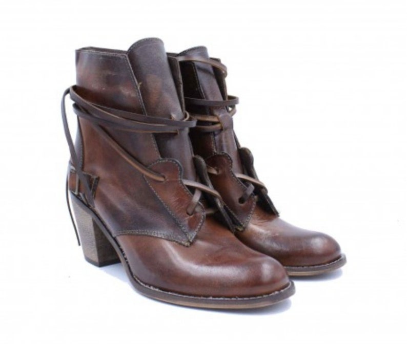 Handmade cowboy women leather lace up ankle boots Brown