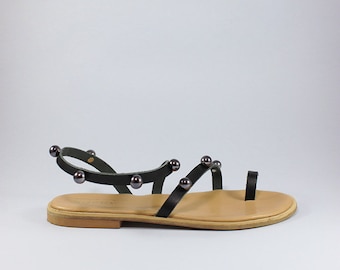 Flat decorated leather sandals, slingback handmade greek sandals