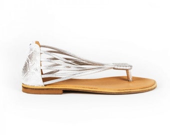 Handmade silver leather strappy Sandal, thong Sandal