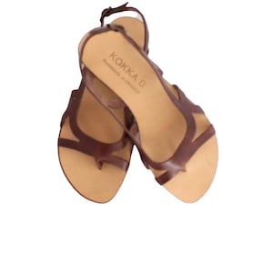 Slides leather sandal with metal buckle, handmade slingback flat sandal Brown