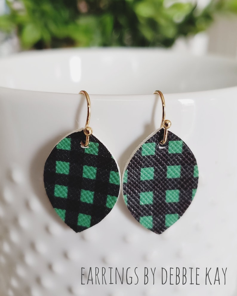 Green /& Black Check Jujubee Faux Leather Earrings