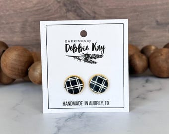 B&W Stud Earrings | Black and White Cork and Leather, Modern Stripes, Minimalist