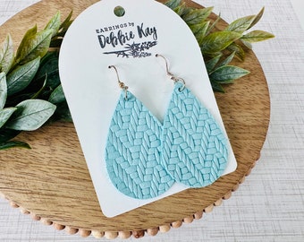 Aqua Knit Embossed Leather Teardrop Earrings