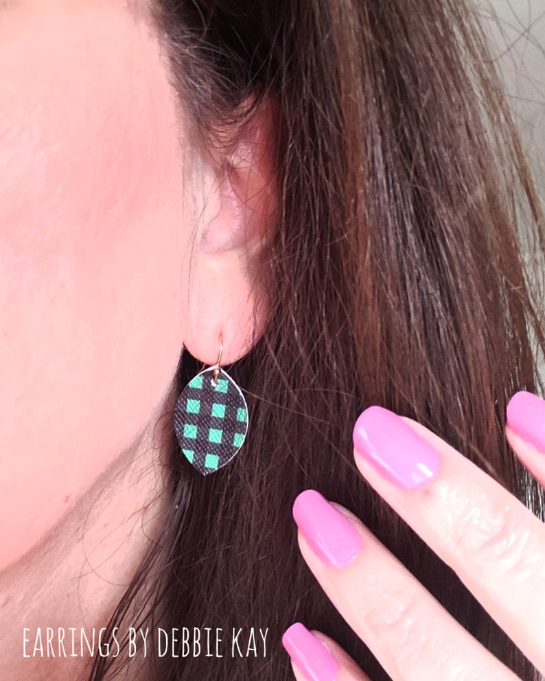 Green /& Black Check Jujubee Faux Leather Earrings
