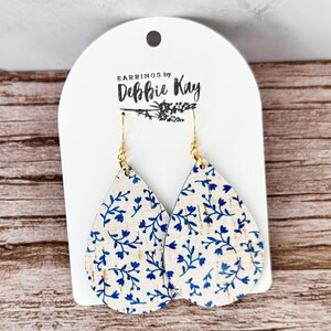 Blue & White Floral Cork and Leather Teardrop Earrings
