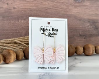 Striped Bow Earrings, Pale Pink Bows, Polymer Clay Earrings