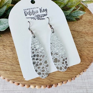 Silver Metallic Leather Skinny Teardrop Earrings |  Leather Teardrop Earrings