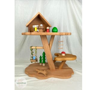 Wooden Tree House Set Toys, Peg Dolls and Trees and Animal, Montessori Sensory Toddler Toys.