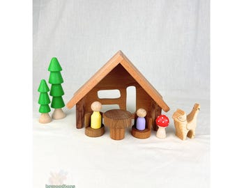Wooden House Set Toys, Peg Dolls and Trees and Animal, Montessori Sensory Toddler Toys.