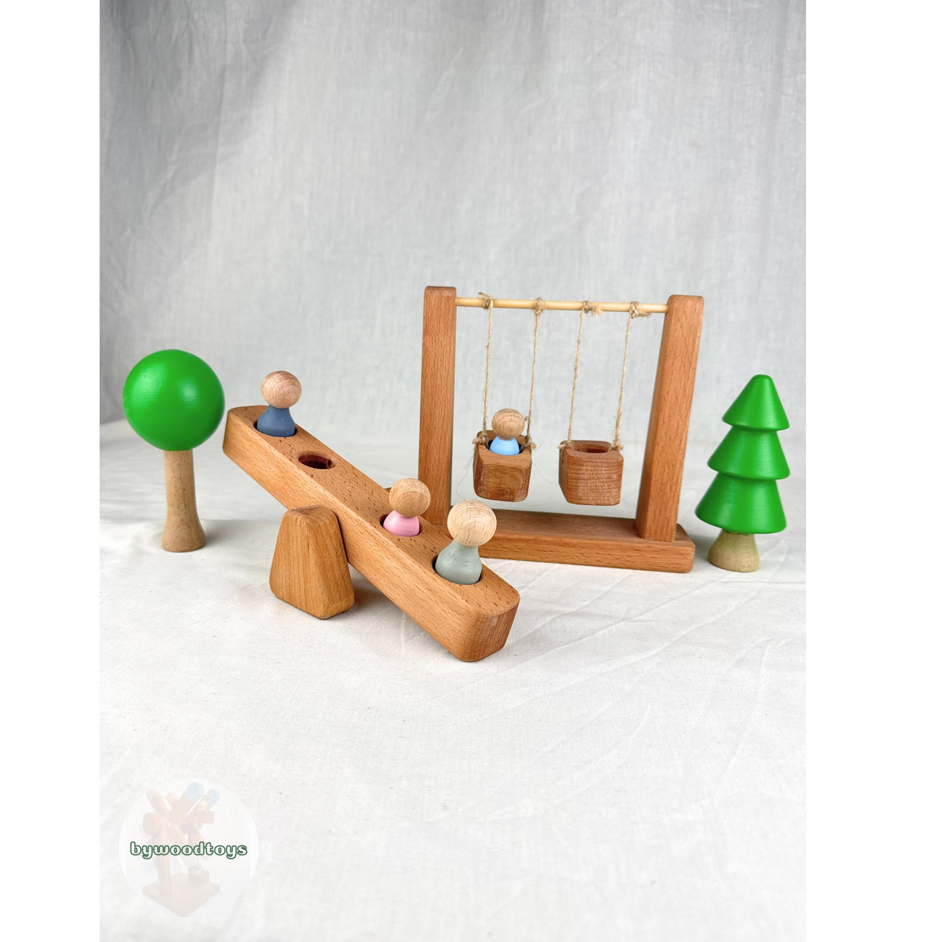 Wooden Playground 1 Set Toys, Peg Dolls and Trees, Montessori Sensory Toddler Toys.