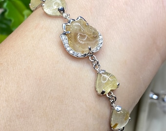 Golden Rutilated gemstone bracelet, Fox charm bracelet, platinum plated silver, Dainty bracelet, Gift Idea (Length :17CM/6.3/4”)