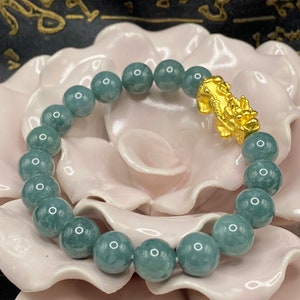 Jadeite Jade Grade A  bracelet mix Pixiu charm 24K gold plated silver, Jade bracelet 9.6MM bead (Wrist: 16.5CM/6.3/4”)#6919