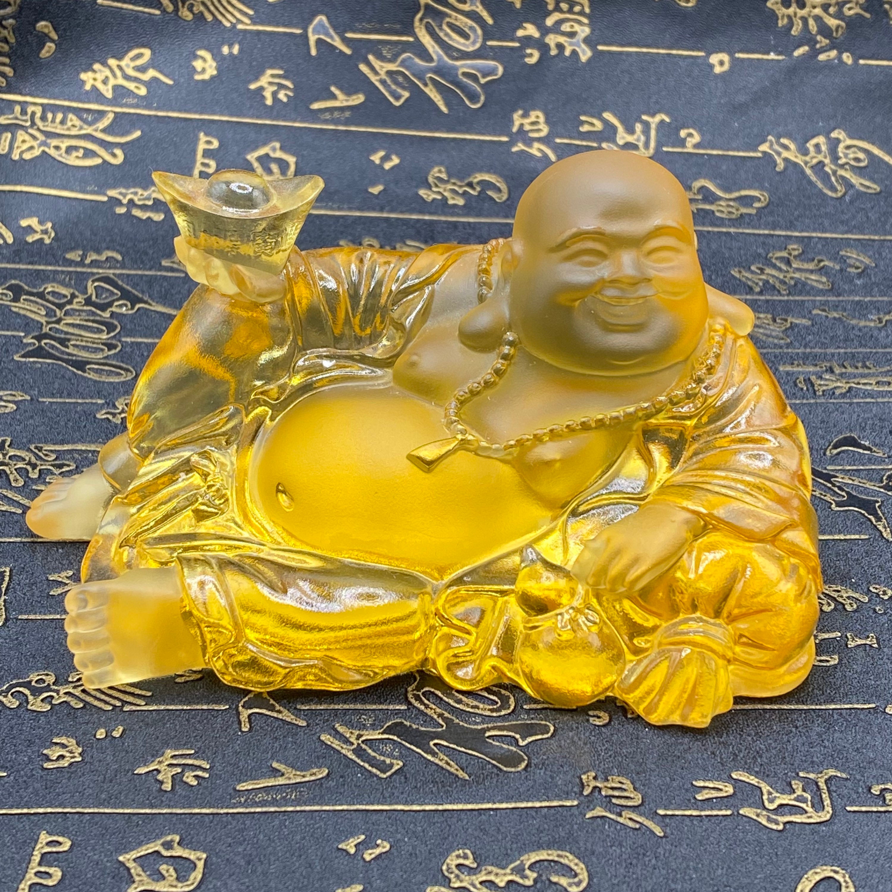Glass Laughing Buddha Statue Hand Carved, Bring Happiness in Fengshui Gift Idea Lunar New Year