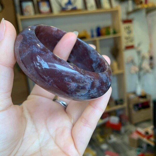 Natural purple moss agate hand carved bangle bracelet, rare find purple moss agate (inner diameter:56.8mm/2.23”)#6133