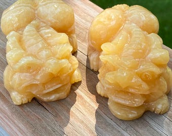 A Pair of Pixiu - Yellow Calcite stone Natural gemstone handmade statue (2lb/pair; 4”x2.1/2”x2”/ea, gift/home decoration
