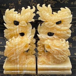 A pair of Fengshui statue Dragon, Calcite gemstone (with white inclusions), Dragon figurines bring Power Strength Wise & Luck in Fengshui