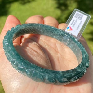 Jadeite Jade Bangle, Peony Phoenix Design, Jade Untreated (Inner diameter: 57.4MM/2.26”)